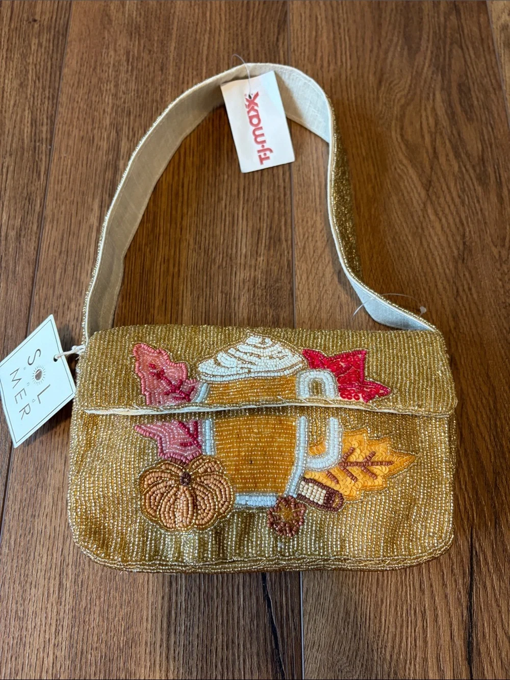 Viral Sol and Mer Gold Beaded Autumn Fall Pumpkin Spice Latte shoulder Bag